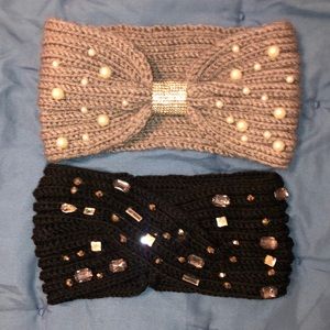 2  KENSIE JEWELED grey& Blk HEADBANDS BLINGED W/Jewels Pearls AND Rhinestones